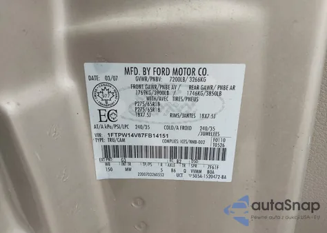 2007 Ford F-150 Fx4/Lariat/Xlt z USA, uszkodzony, nr VIN 1FTPW14V87FB14151